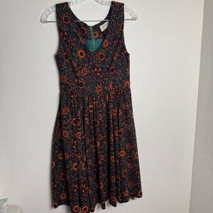 Everly Emerald green and Orange Floral Midi Dress Retro Vintage style Pockets